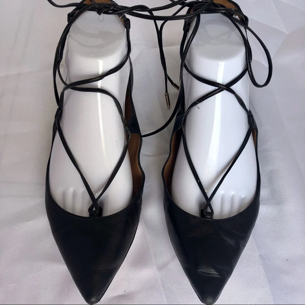 Aquazzura Christy Lace-Up Flats Black Leather 37.5